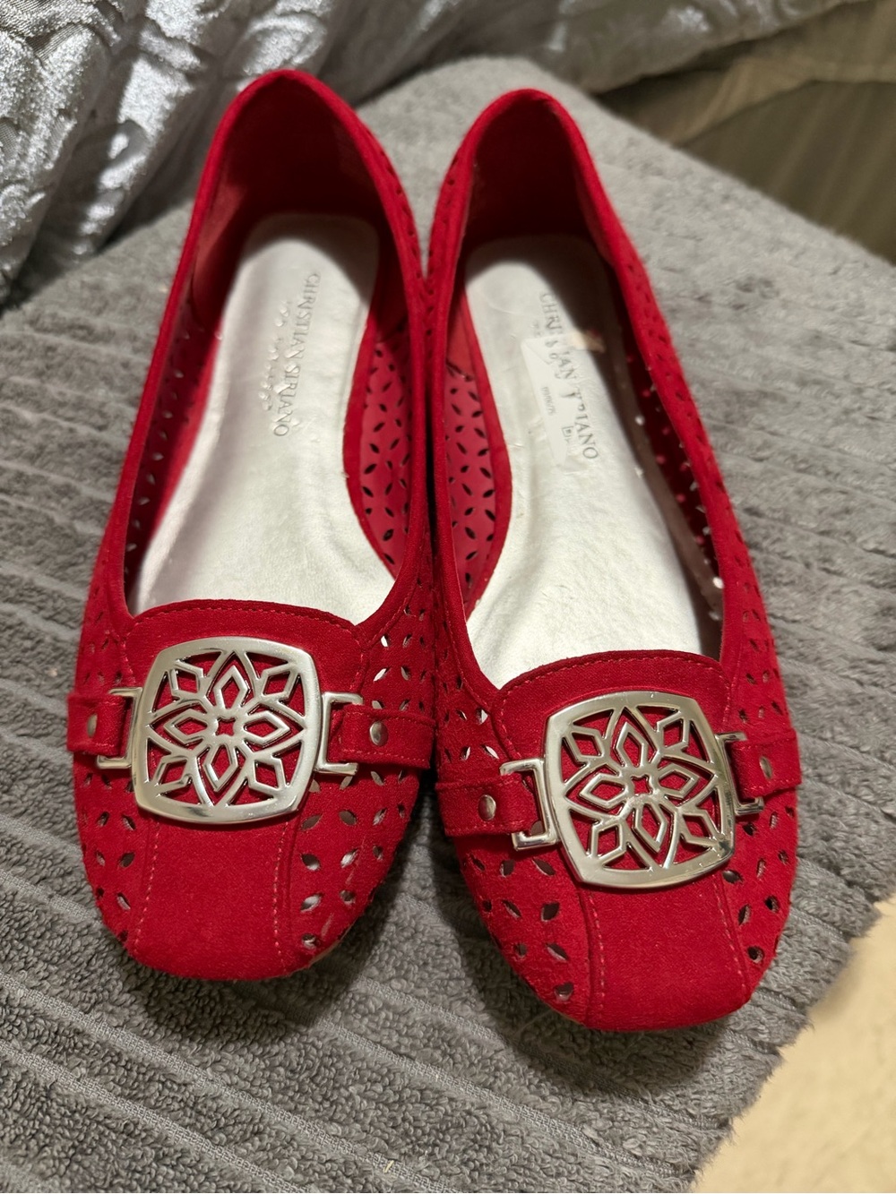 Christian Soriano Red Suede Perforated Ballet Flats with Silver Medallion